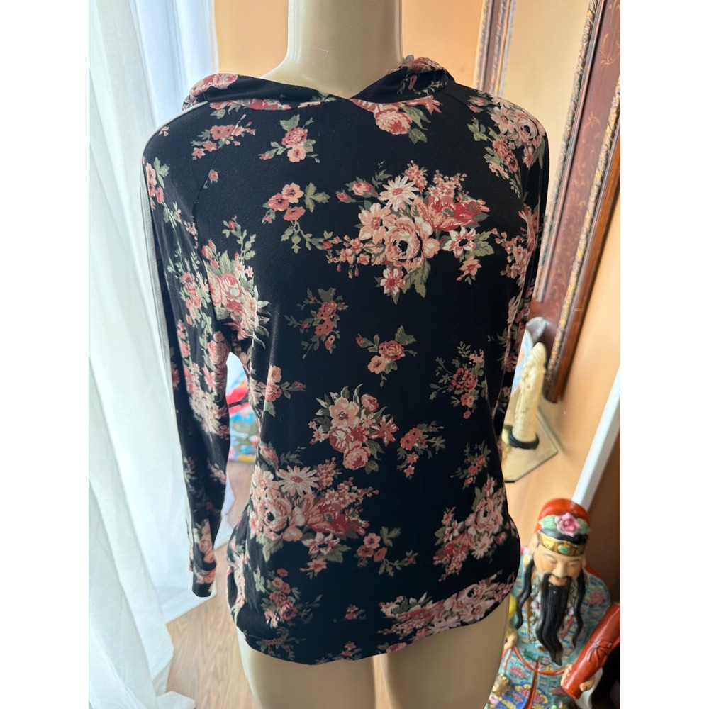 No Comment NYLA Floral Hoodie Black Pink White Stripe Long Sleeve Top Medium NWT